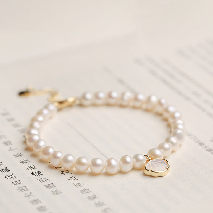 Buddha Stones 14K Gold Plated Natural Pearl Crystal Shell Charm Bead Bracelet - image 2