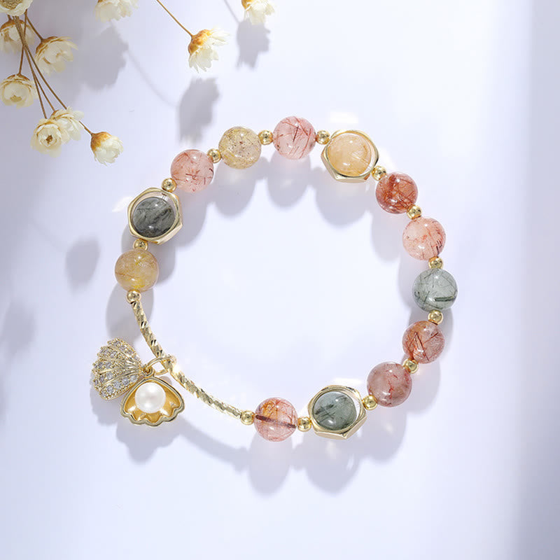 Buddha Stones Natural Colorful Rutilated Quartz Shell Protection Bead Bracelet - image 1