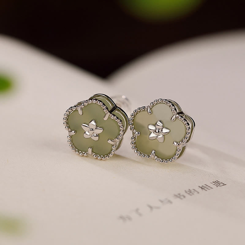 Buddha Stones 925 Sterling Silver Hetian Jade Plum Flower Luck Stud Earrings - 925 Sterling Silver&Hetian Jade - image 1
