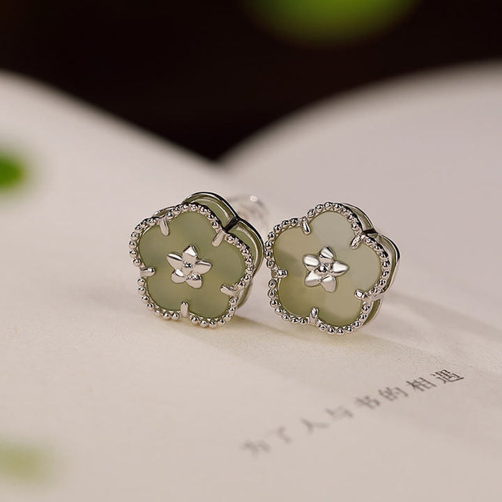Buddha Stones 925 Sterling Silver Hetian Jade Plum Flower Luck Stud Earrings - 925 Sterling Silver&Hetian Jade - image 1