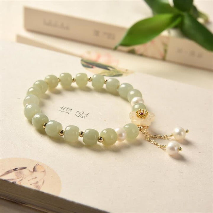 Buddha Stones Hetian Jade Flower Pearl Happiness Abundance Bracelet - image 4