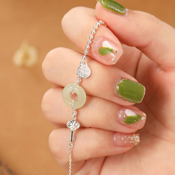 Buddha Stones 925 Sterling Silver Hetian Jade Peace Buckle Fu Character Luck Chain Bracelet - image 3