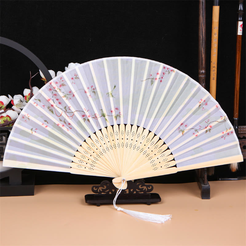 Buddha Stones Classic Birds Singing Flowers Handheld Bamboo Folding Fan - Birds Red Flowers Branch - image 5