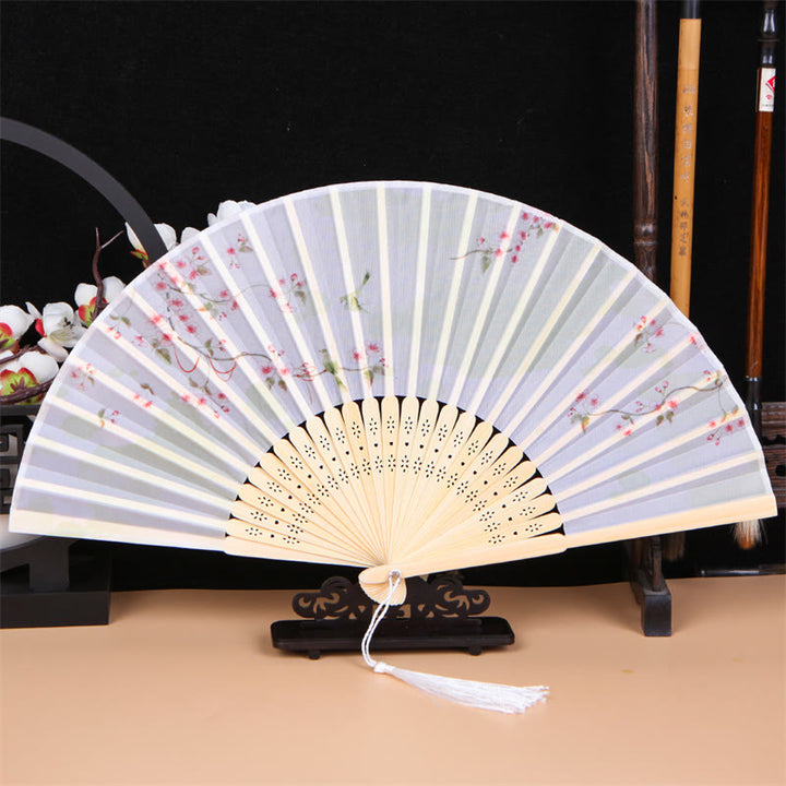 Buddha Stones Classic Birds Singing Flowers Handheld Bamboo Folding Fan - Birds Red Flowers Branch - image 5