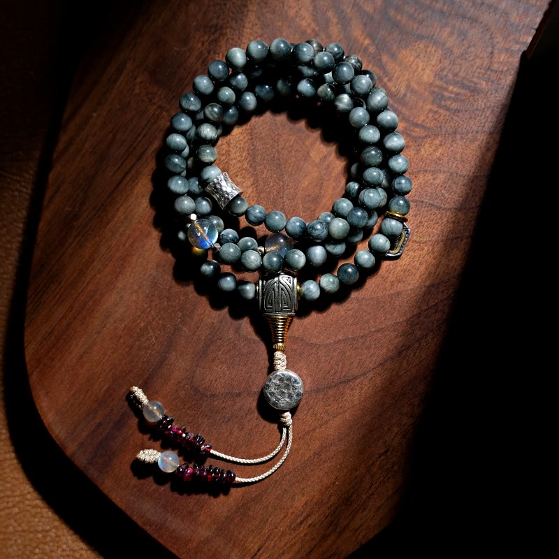 Buddha Stones 925 Sterling Silver 108 Mala Beads Eagle's Eye Stone Moonstone Positive Bracelet - Eagle's Eye Stone(Non-Elastic Rope) - image 0