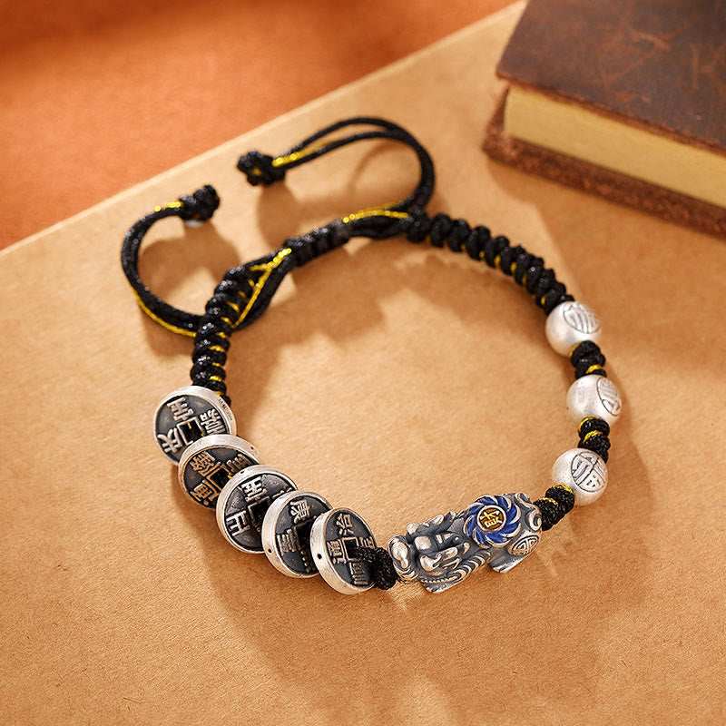 Buddha Stones 999 Sterling Silver FengShui PiXiu Copper Coin Fu Character Wealth Braided Bracelet - image 1