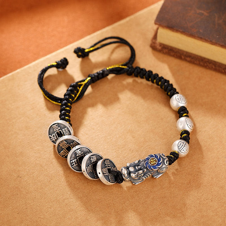Buddha Stones 999 Sterling Silver FengShui PiXiu Copper Coin Fu Character Wealth Braided Bracelet - image 1