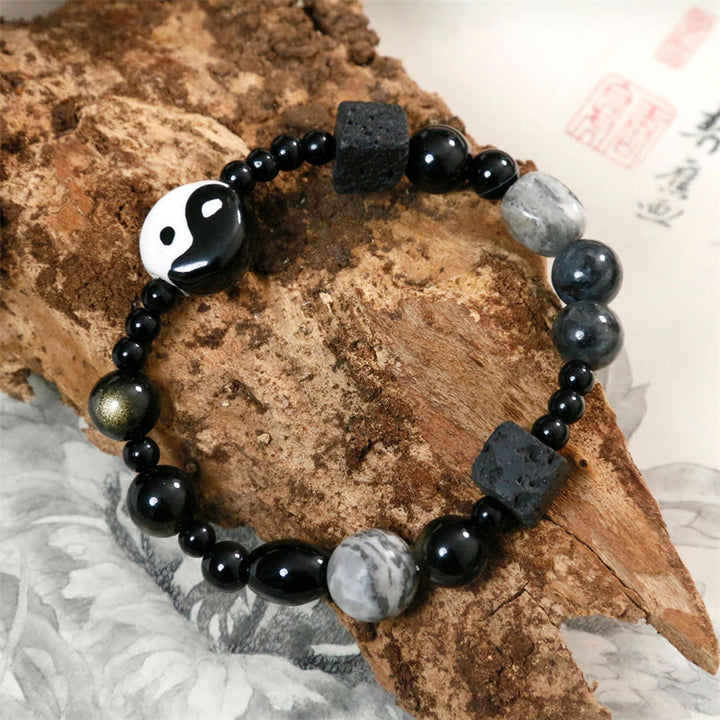 Buddha Stones Black Onyx Picasso Jasper Bead Yin Yang Fortune Protection Bracelet - image 4