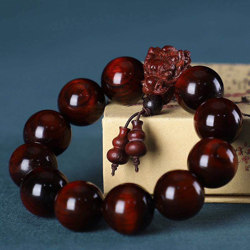 Buddha Stones Rosewood Green Sandalwood Small Leaf Red Sandalwood Dragon Carved Protection Bracelet - Small Leaf Red Sandalwood - image 8