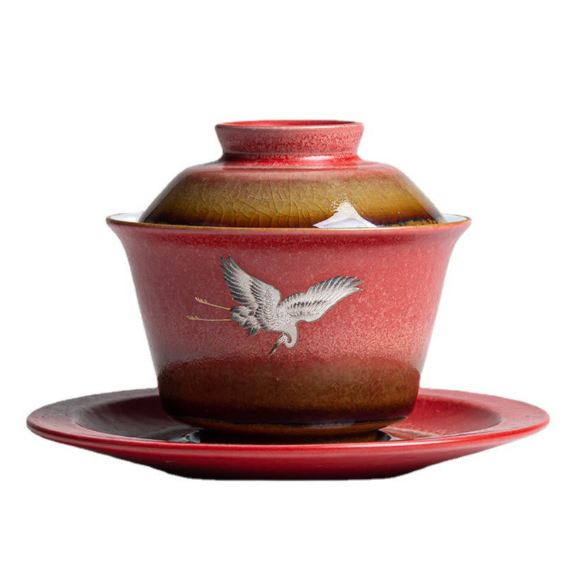Buddha Stones Red Auspicious Crane Ceramic Gaiwan Sancai Teacup Kung Fu Tea Cup And Saucer With Lid - image 13