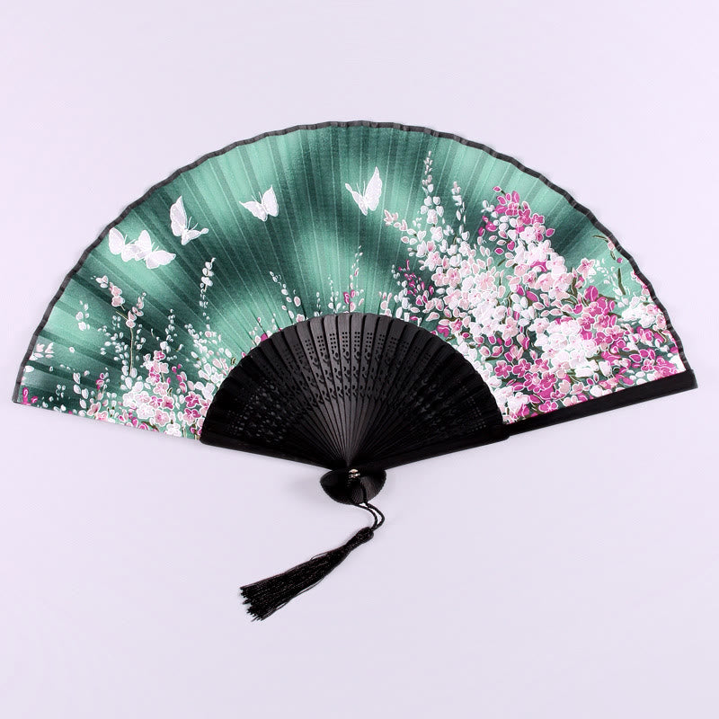 Buddha Stones Butterfly Flowers Handheld Bamboo Folding Fan - Green - image 5