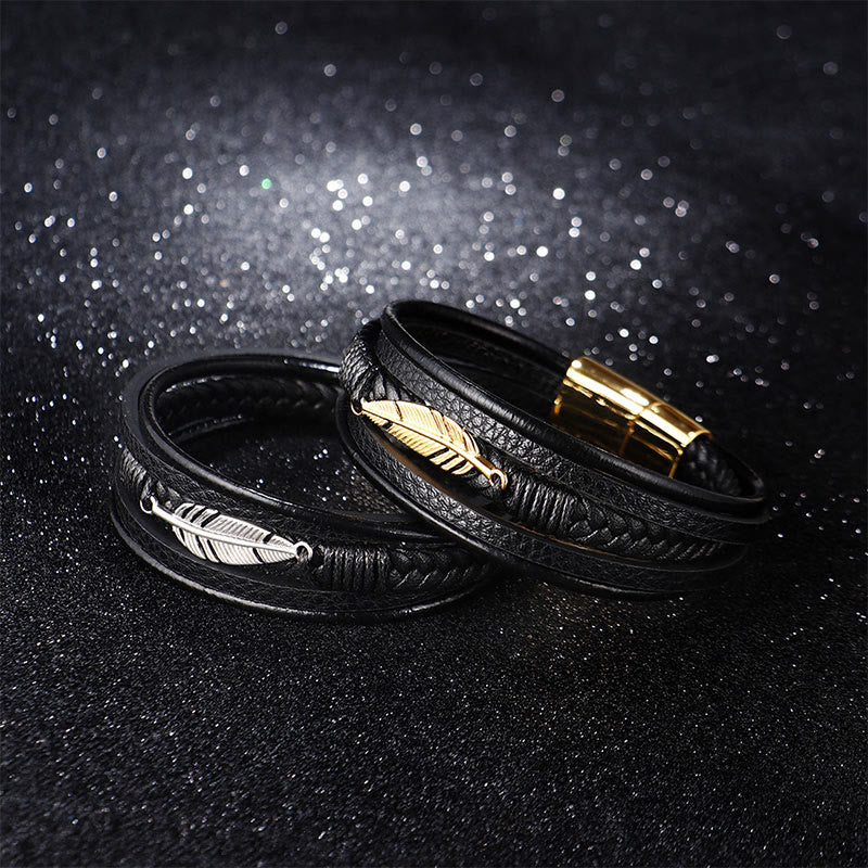 Buddha Stones Feather Pattern Multilayer Leather Titanium Steel Calm Braided Magnetic Buckle Bracelet - image 6