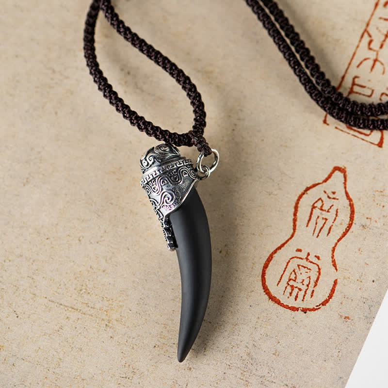 925 Sterling Silver Black Obsidian Wolf Tooth Pattern Strength Necklace Pendant - image 1