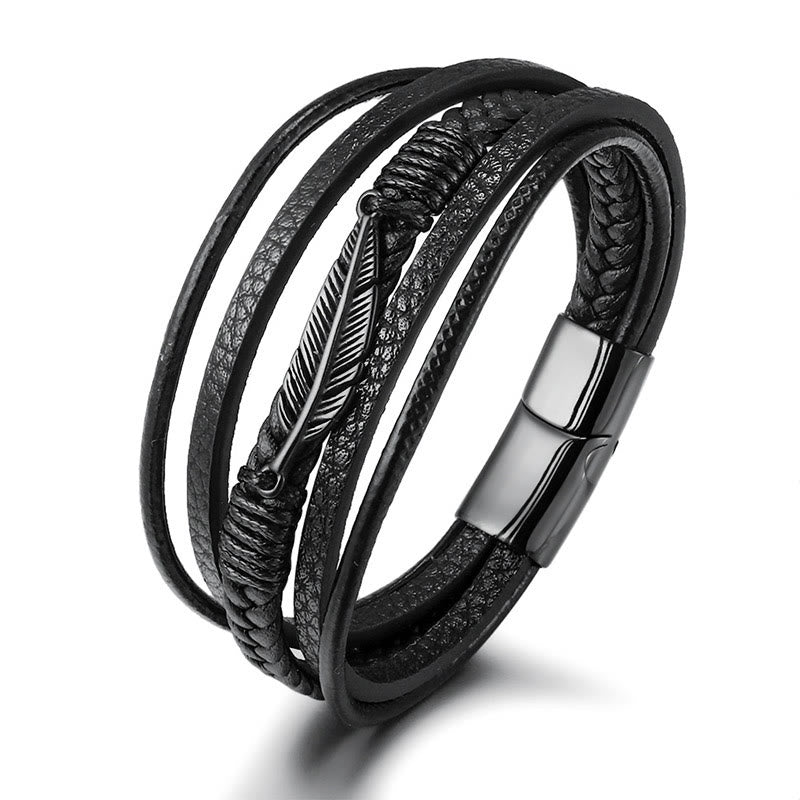 Buddha Stones Feather Pattern Multilayer Leather Titanium Steel Calm Braided Magnetic Buckle Bracelet - Black 21.5cm - image 8