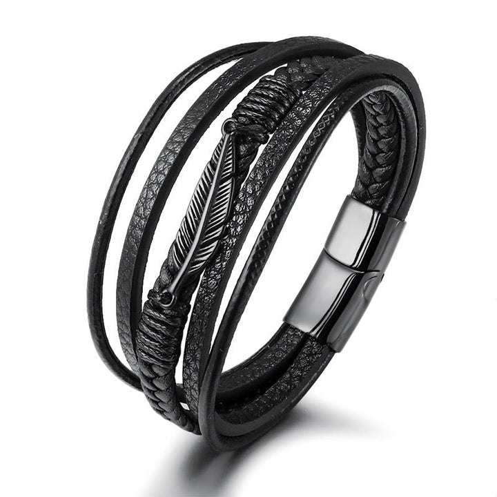 Buddha Stones Feather Pattern Multilayer Leather Titanium Steel Calm Braided Magnetic Buckle Bracelet - Black 21.5cm - image 8