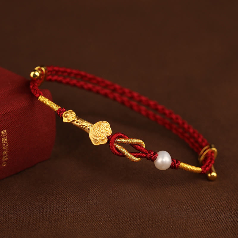 Buddha Stones 24K Gold Wish Ruyi Handle Fu Character Rabbit Pearl Luck Braided Bracelet - image 9