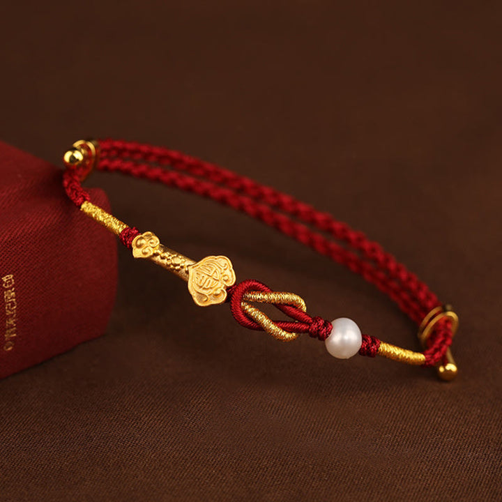 Buddha Stones 24K Gold Wish Ruyi Handle Fu Character Rabbit Pearl Luck Braided Bracelet - image 9