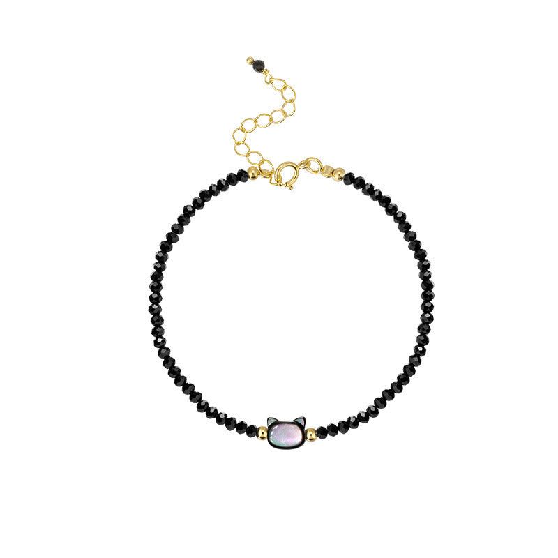 Buddha Stones 14K Gold Plated Black Spinel White Crystal Cute Cat Tridacna Stone Healing Bracelet - image 9