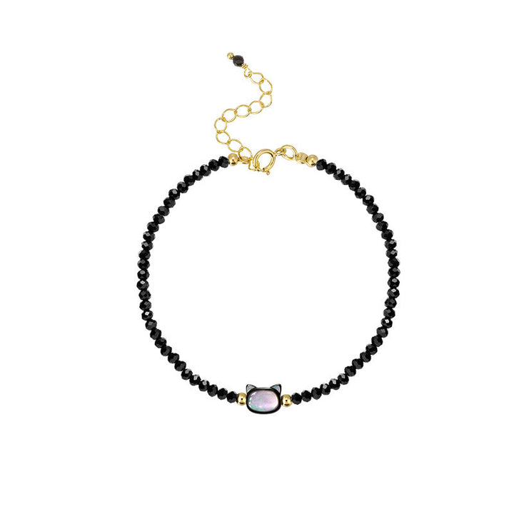 Buddha Stones 14K Gold Plated Black Spinel White Crystal Cute Cat Tridacna Stone Healing Bracelet - image 9
