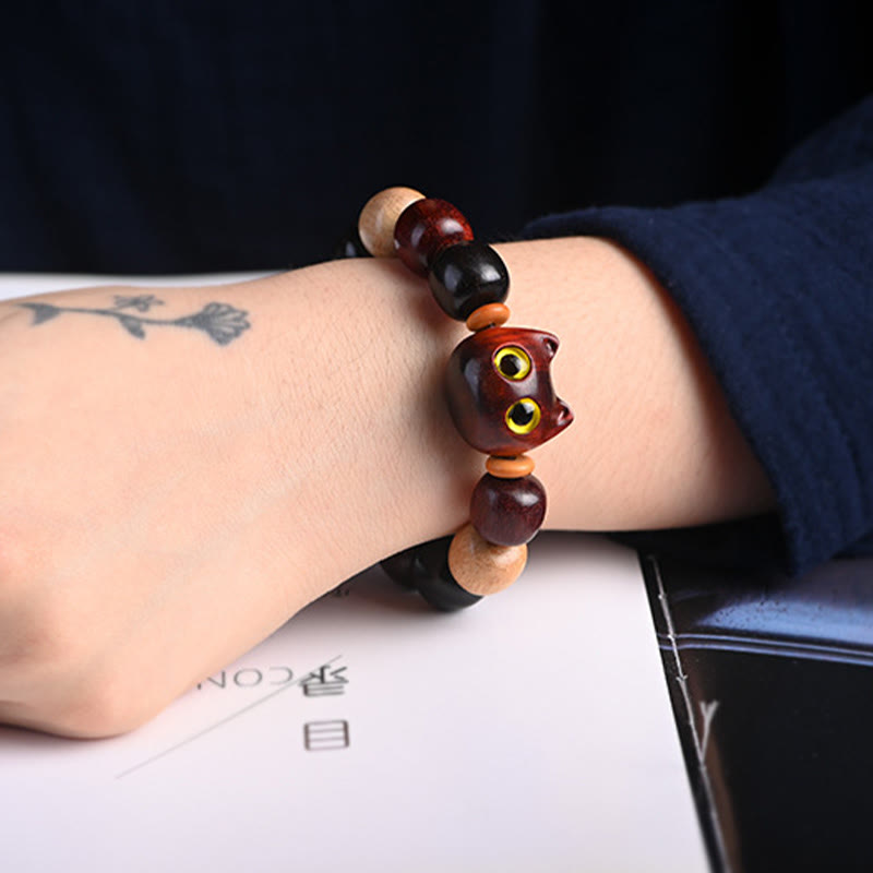 Buddha Stones Small Leaf Red Sandalwood Ebony Wood Cute Cat Engraved Protection Bracelet - image 15