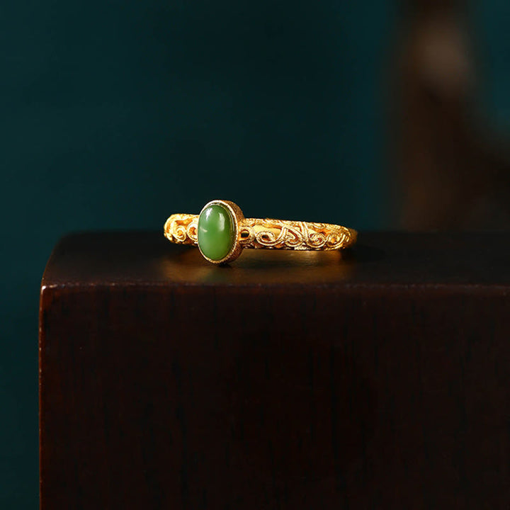 Buddha Stones Auspicious Cloud Pattern Cyan Jade Luck Adjustable Ring - image 2