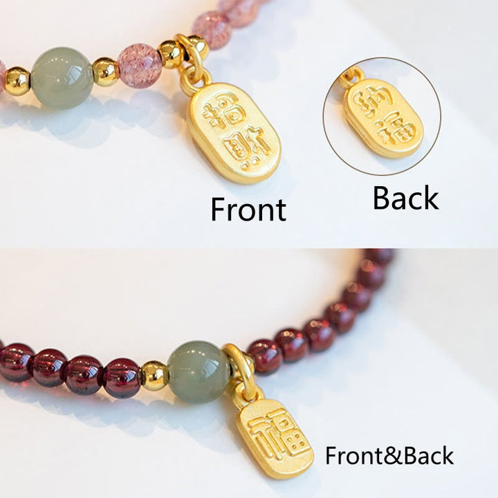 Buddha Stones Natural Strawberry Quartz Garnet Jade Lucky Fortune Fu Character Healing Charm Bracelet - image 17