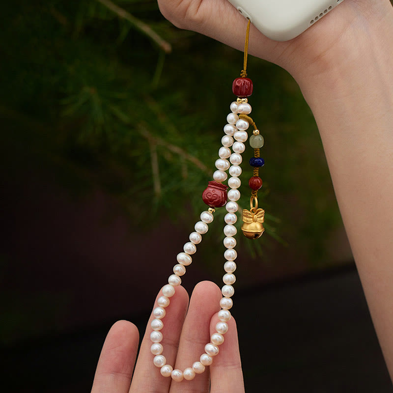 Buddha Stones Natural Pearl Cinnabar Money Bag Bell Gold Swallowing Beast Dancing Lion Healing Phone Hanging Decoration - image 5