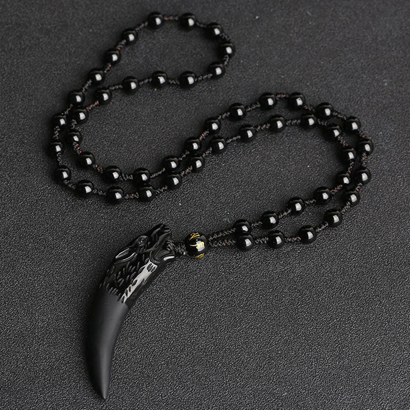 Buddha Stones Natural Ice Obsidian Wolf Tooth Pattern Courage Necklace Pendant - 63*14mm Ice Obsidian&Black Bead Chain - image 1