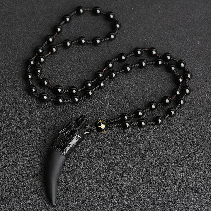 Buddha Stones Natural Ice Obsidian Wolf Tooth Pattern Courage Necklace Pendant - 63*14mm Ice Obsidian&Black Bead Chain - image 1