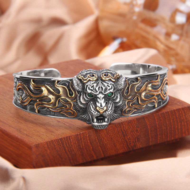 Buddha Stones 925 Sterling Silver Chinese Zodiac Tiger Keep Away Evil Spirits Bracelet Bangle - 925 Sterling Silver - image 0