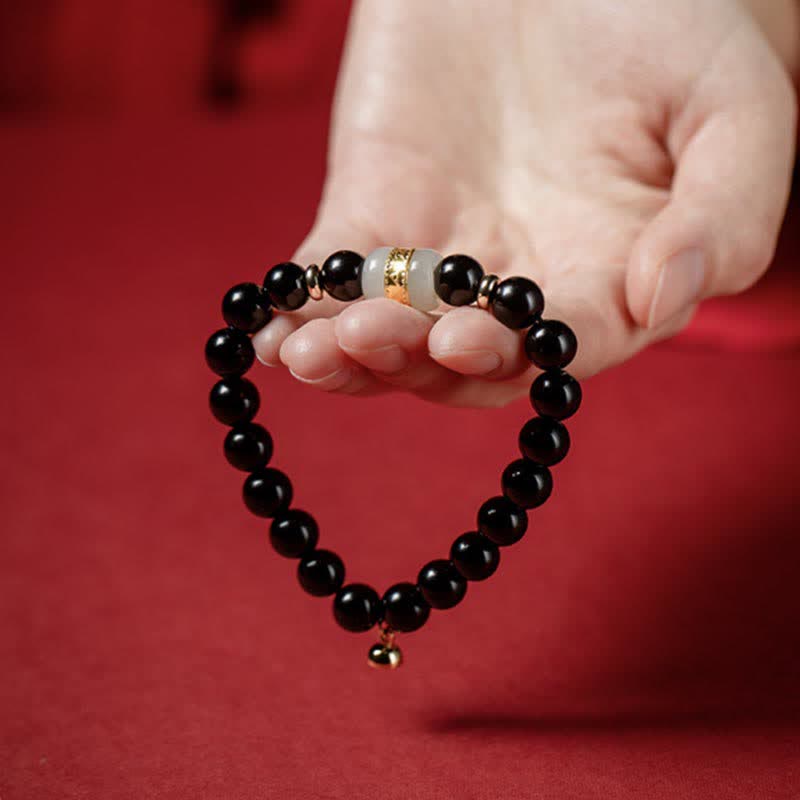 Buddha Stones Black Obsidian Jade Om Mani Padme Hum Strength Couple Magnetic Bracelet - image 7