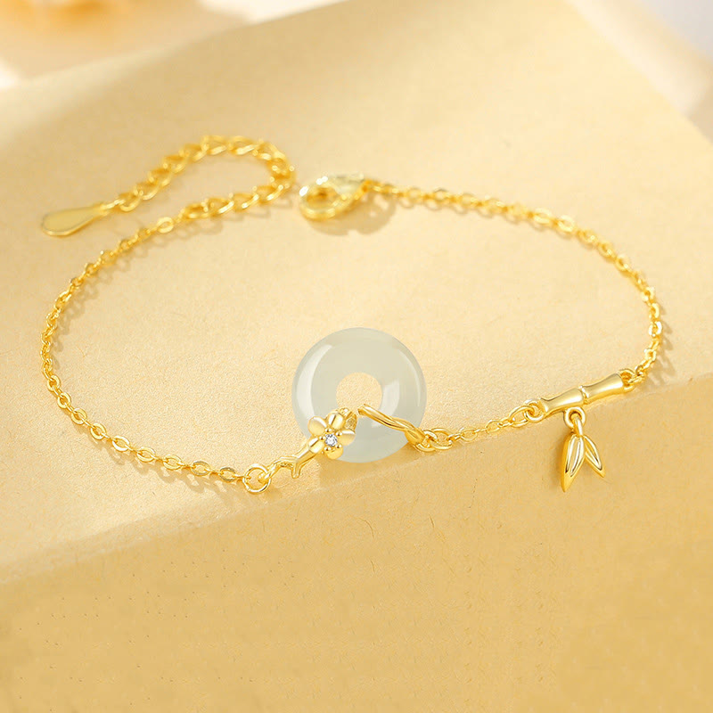 Buddha Stones 925 Sterling Silver Hetian Jade Chalcedony Peace Buckle Bamboo Leaf Prosperity Chain Bracelet - image 2