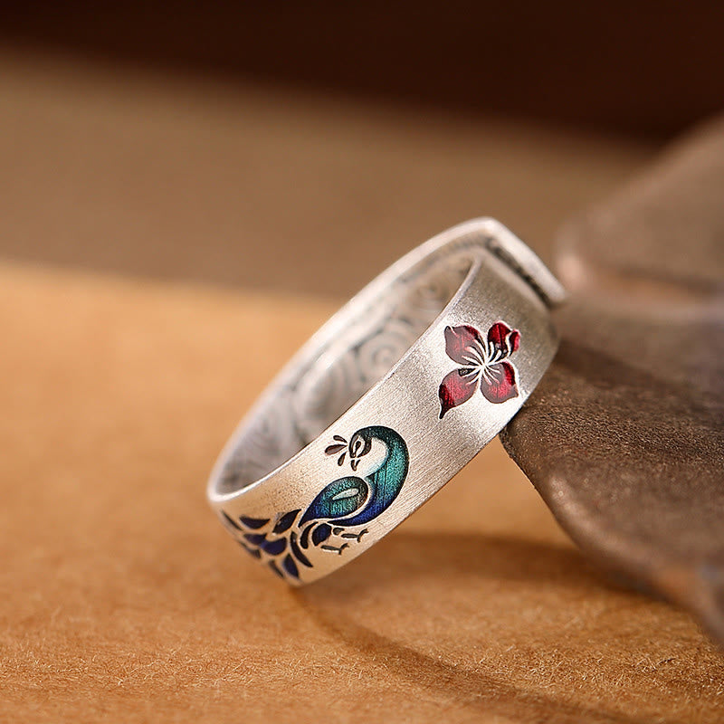 Buddha Stones 999 Sterling Silver Peacock Auspicious Clouds Engraved Lotus Flower Fortune Ring - Peacock(Fortune♥Love) - image 0