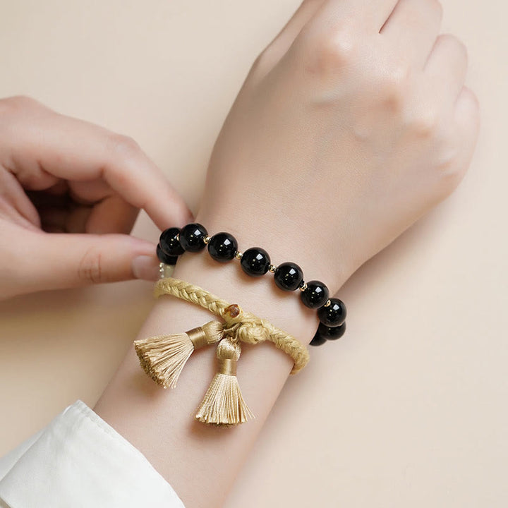 Buddha Stones 2Pcs Black Onyx Bead Support Protection String Bracelet - image 2