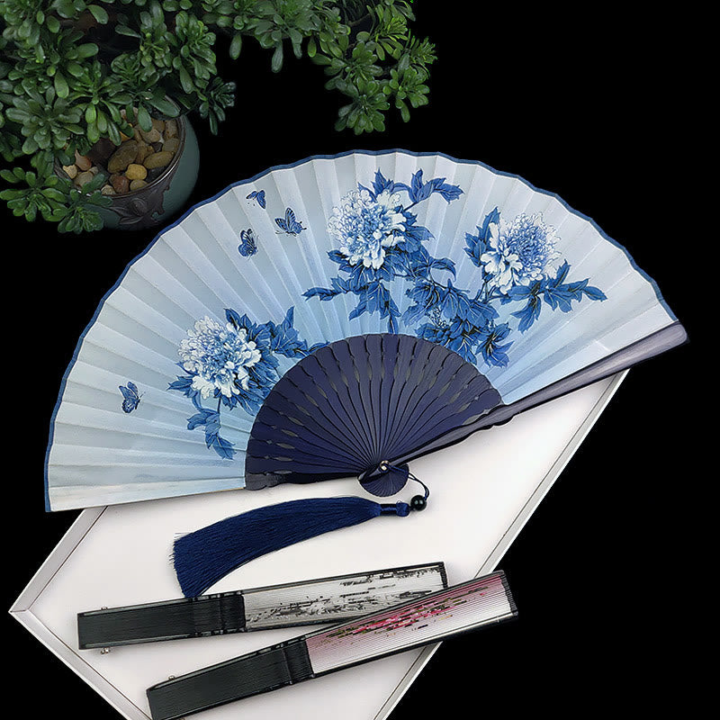 Buddha Stones Vintage Bamboo Peony Butterfly Lotus Handheld Silk Folding Fan With Bamboo Frames - image 8