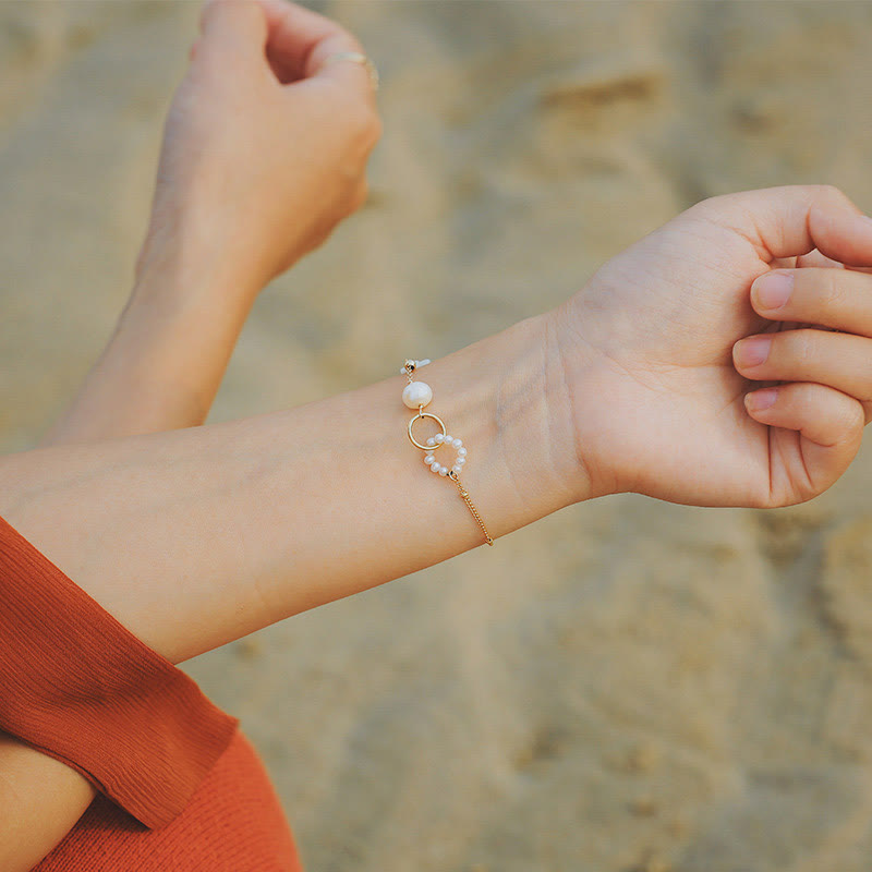 Buddha Stones 14K Gold Plated Pearl Double Peace Buckle Healing Chain Bracelet - 16+5cm - image 0