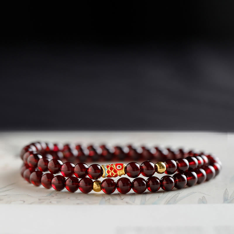 Buddha Stones 999 Gold Koi Fish Natural Garnet Protection Bracelet - 5mm-Garnet&Gold Koi Fish Double Wrap Bracelet - 17cm - image 12