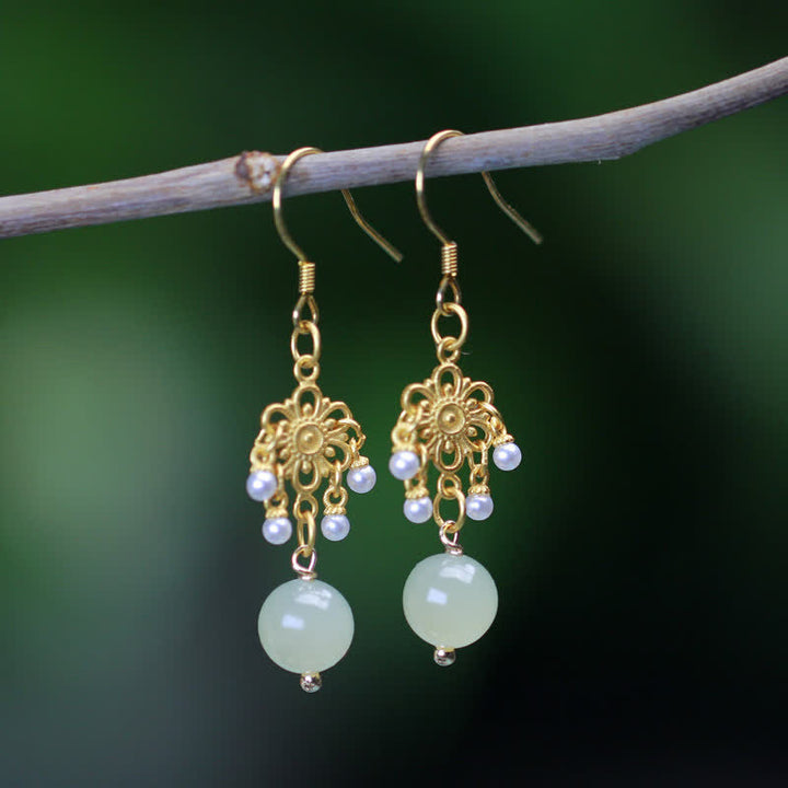 Hetian Jade Flower Pattern 14K Gold Plated Luck Drop Dangle Earrings - image 0