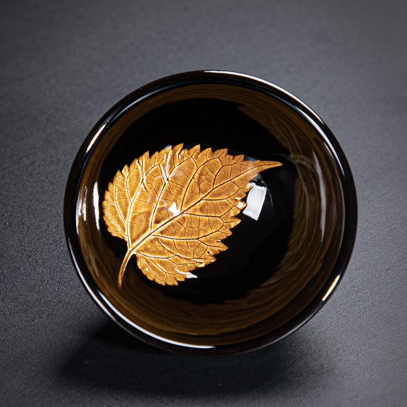 Buddha Stones Gold Maple Leaf Chinese Jianzhan Ceramic Teacup Tenmoku Kung Fu Tea Cup Bowl - Single Maple Leaf 9cm*4.5cm*120ml - image 7