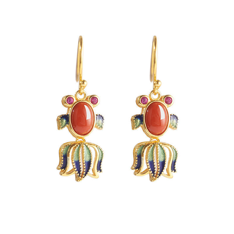 925 Sterling Silver Hetian White Jade Red Agate Cute Fish Happiness Drop Earrings - Gold - Red Agate(Confidence♥Calm) - image 3