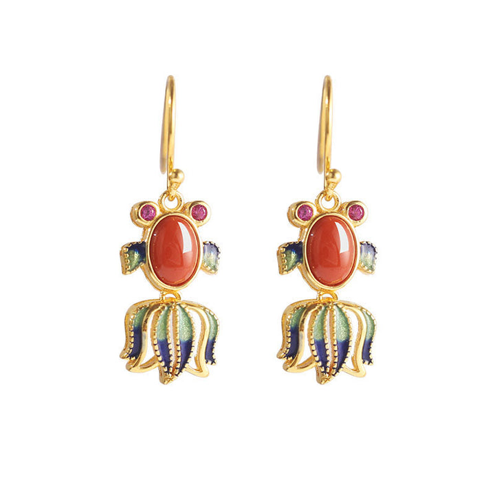 925 Sterling Silver Hetian White Jade Red Agate Cute Fish Happiness Drop Earrings - Gold - Red Agate(Confidence♥Calm) - image 3