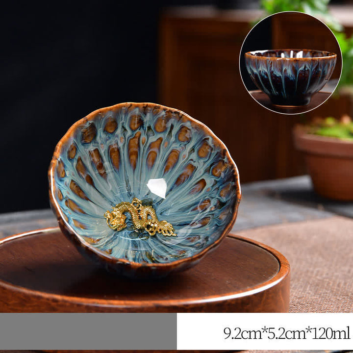 Buddha Stones Lotus Peacock Dragon Phoenix Koi Fish Ceramic Teacup Inlaid Tea Cups 120ml - Gold - Dragon - image 13