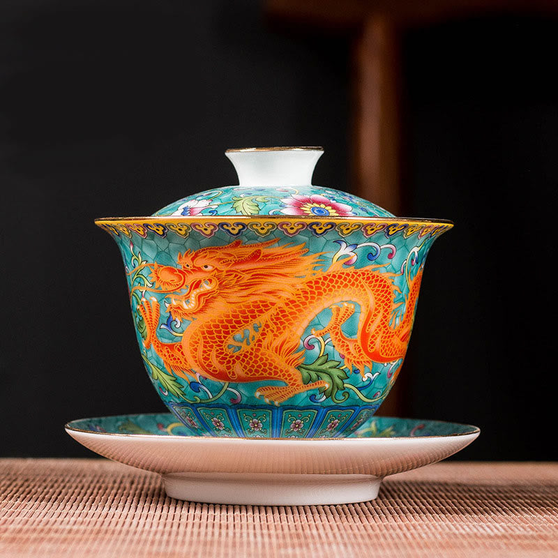 Buddha Stones Dragon Phoenix Flower Design Ceramic Gaiwan Sancai Teacup Kung Fu Tea Cup And Saucer With Lid - Green - Dragon 9.5cm*9.3cm*160ml - image 3