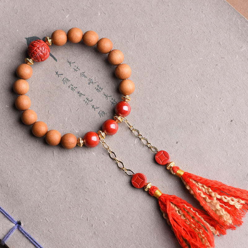 Buddha Stones Tibetan Natural Peach Wood Cinnabar PiXiu Wealth Tassels Bracelet - Peach Wood(With Tassels) - image 0