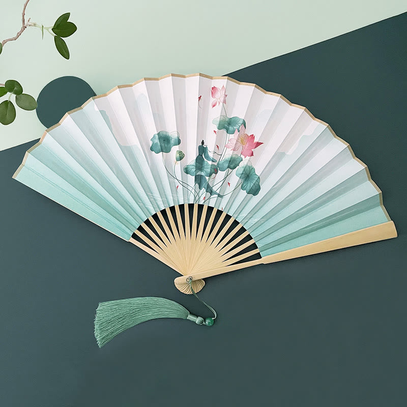 Buddha Stones Retro Lotus Flower Leaf Mountain Lake Handheld Folding Fan With Bamboo Frames - Lotus Flower Leaf - Beige Bamboo Frames - image 1