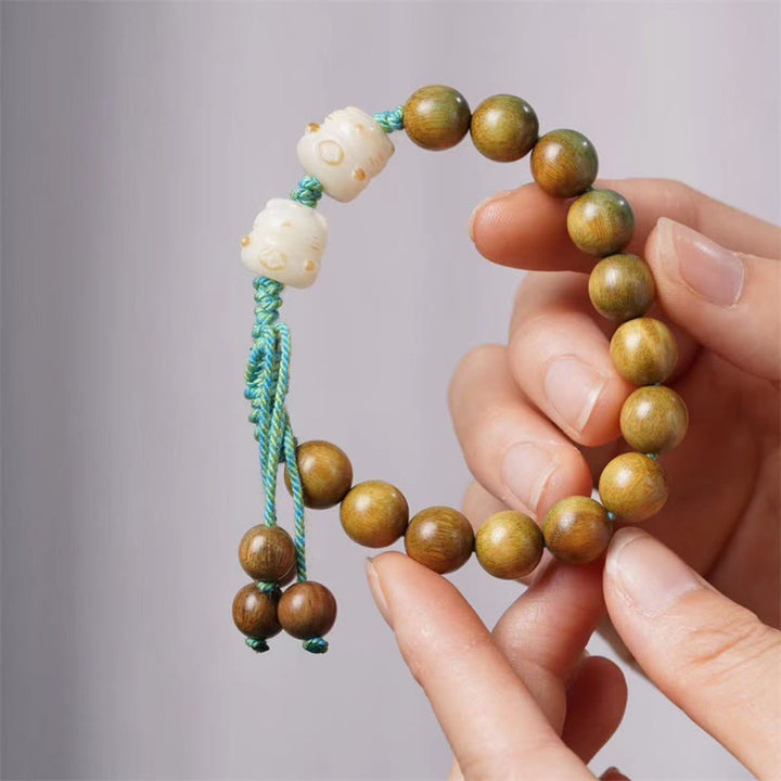 Buddha Stones Green Sandalwood Bodhi Seed Lucky Cat Positive Bracelet - image 2