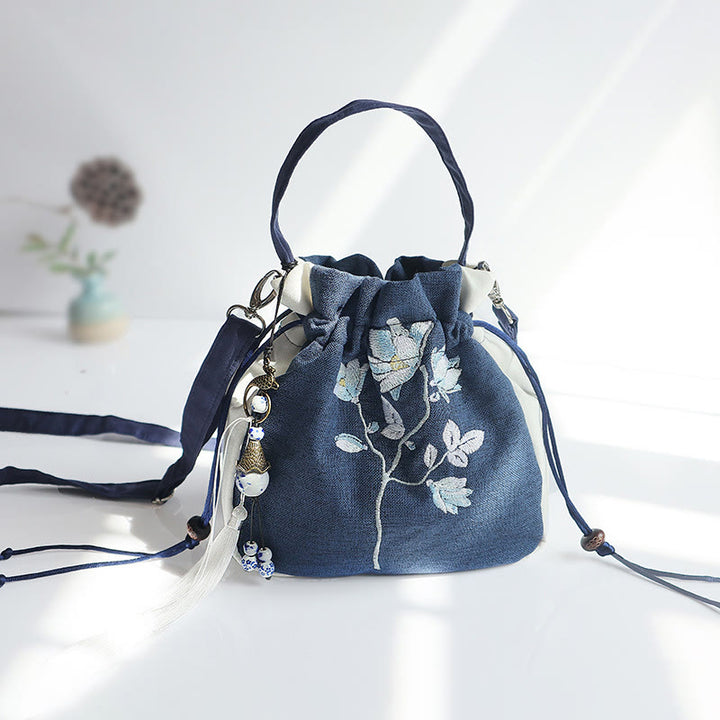 Buddha Stones Handmade Embroidered Flowers Canvas Tote Shoulder Bag Handbag - Blue White Flower Leaves - image 20