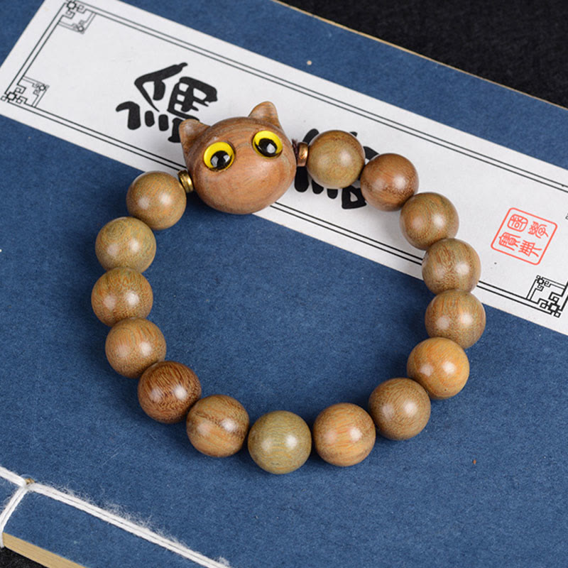 Buddha Stones Ebony Wood Green Sandalwood Red Sandalwood Lovely Cat Balance Bracelet - Green Sandalwood Cat 12mm*15 Beads(Wrist Circumference 14-16cm) - image 7