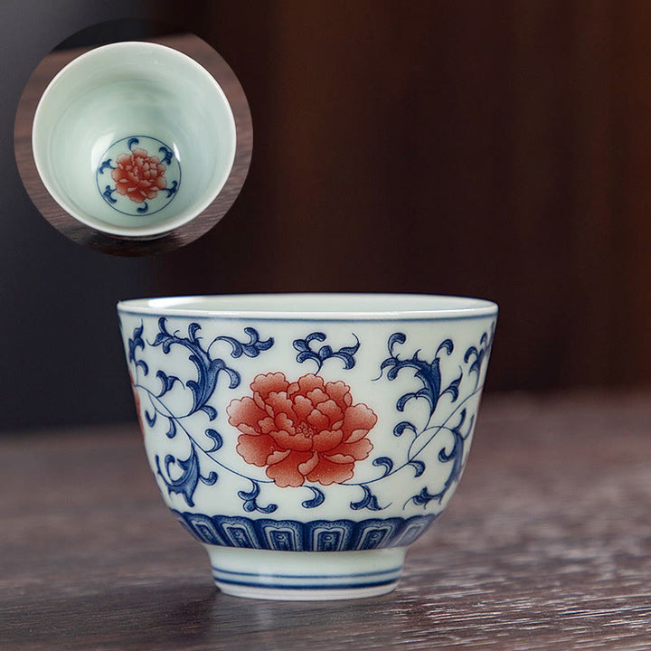Buddha Stones Blue Landscape Mountains Lotus Cute Cat Pavilions Magnolia Reed Egrets Ceramic Teacup Small Kung Fu Tea Cup - Red Lotus Flower 6cm*4.5cm*50ml - image 8