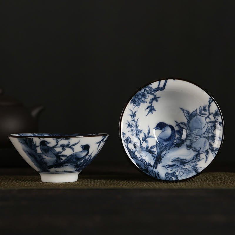 Buddha Stones Flowers Fu Character Mountains Lotus Cherry Blossoms Ceramic Teacup Kung Fu Tea Cup - Blue Bird Branches 8.5cm*4cm*90ml - image 27